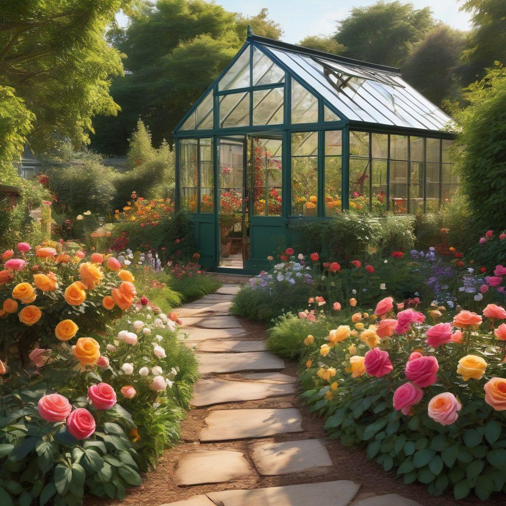 A lush, vibrant garden featuring stunning heirloom roses in various colors, surrounded by eco-friendly gardening tools and a greenhouse in the background. Add a warm sunlight filtering through the leaves, a gardener nurturing the roses, and rich, earthy soil to emphasize sustainability. Incorporate butterflies fluttering around the blooms for a lively touch. super-realistic. vibrant colors. natural lighting.