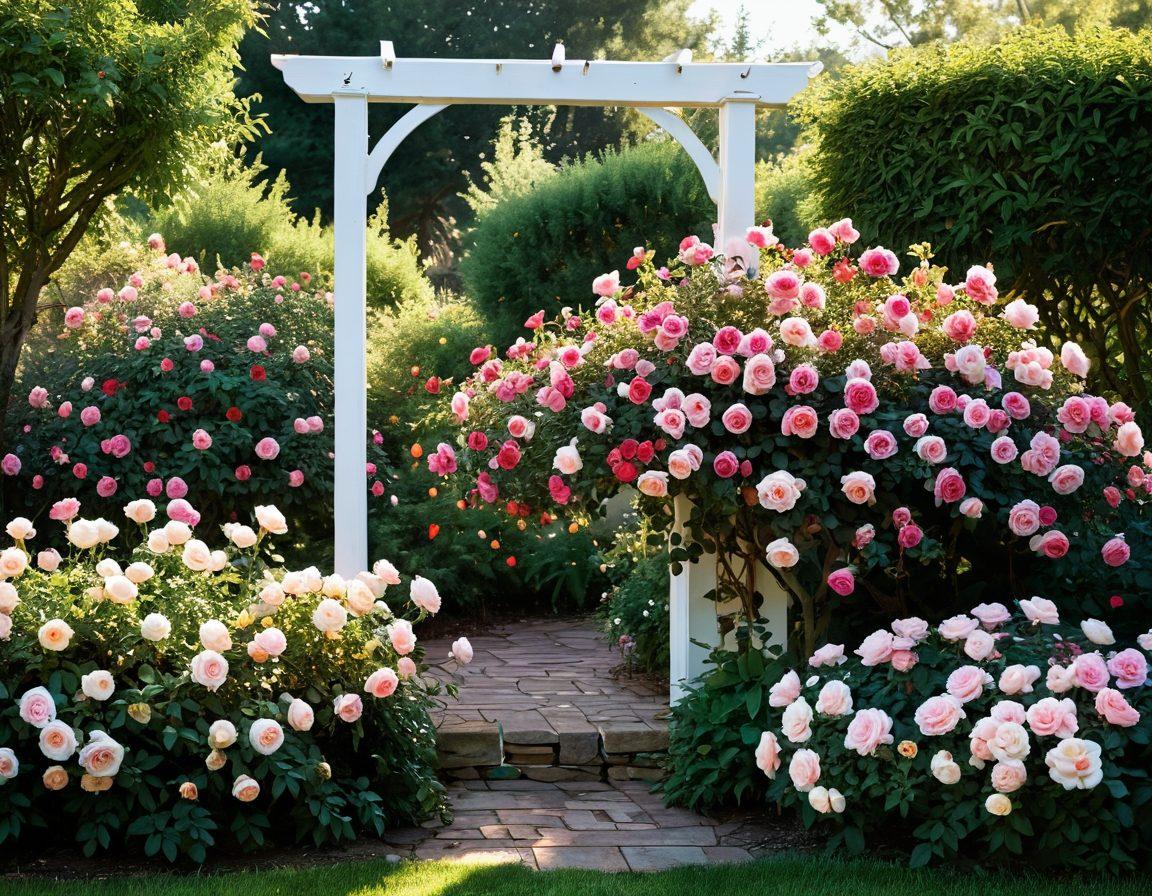 A lush garden filled with colorful heirloom and heritage roses, showcasing a variety of blooms in shades of pink, red, yellow, and white. Envision a serene atmosphere with soft sunlight filtering through the leaves, droplets of dew on the petals, and a vintage trellis in the background. Include a gardener gently tending to the roses, surrounded by gardening tools and other flora. The scene should evoke feelings of tranquility and beauty. vibrant colors. super-realistic.
