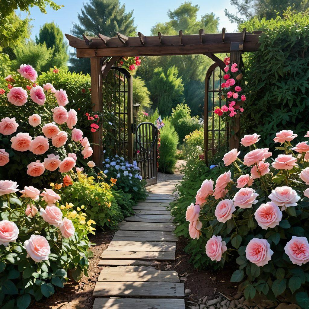 A serene garden scene featuring a variety of antique roses in full bloom, showcasing their intricate details and vibrant colors. Include a gardener tending to the roses, surrounded by gardening tools and a rustic wooden trellis. The background should display a soft-focus sunlit landscape, embodying a warm, inviting atmosphere of growth and beauty. Include butterflies fluttering among the flowers for added life and charm. super-realistic. vibrant colors. natural lighting.